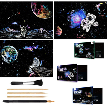 Space Series Scratch & Engraving Art Paper Kit (16"x11.2") for Teens & Adults - Rainbow Sketch Cosmos Astronaut Starry Sky Painting Painting