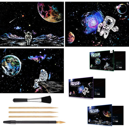 Space Series Scratch & Engraving Art Paper Kit (16"x11.2") for Teens & Adults - Rainbow Sketch Cosmos Astronaut Starry Sky Painting Painting