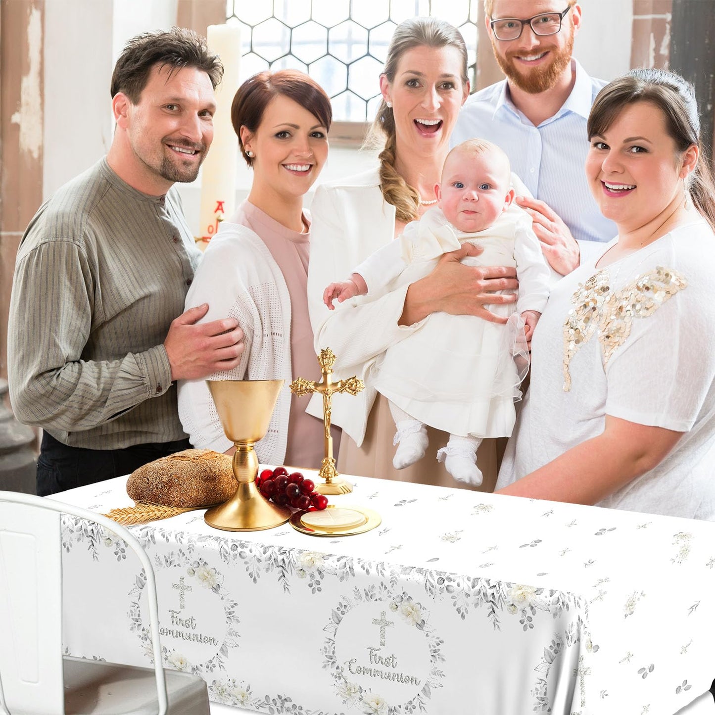 First Communion Tablecloth Decorations, 3Pcs Silver God Bless Baptism Tablecloths,First Holy Communion Cross Baptism Table Cover for Baby Shower First