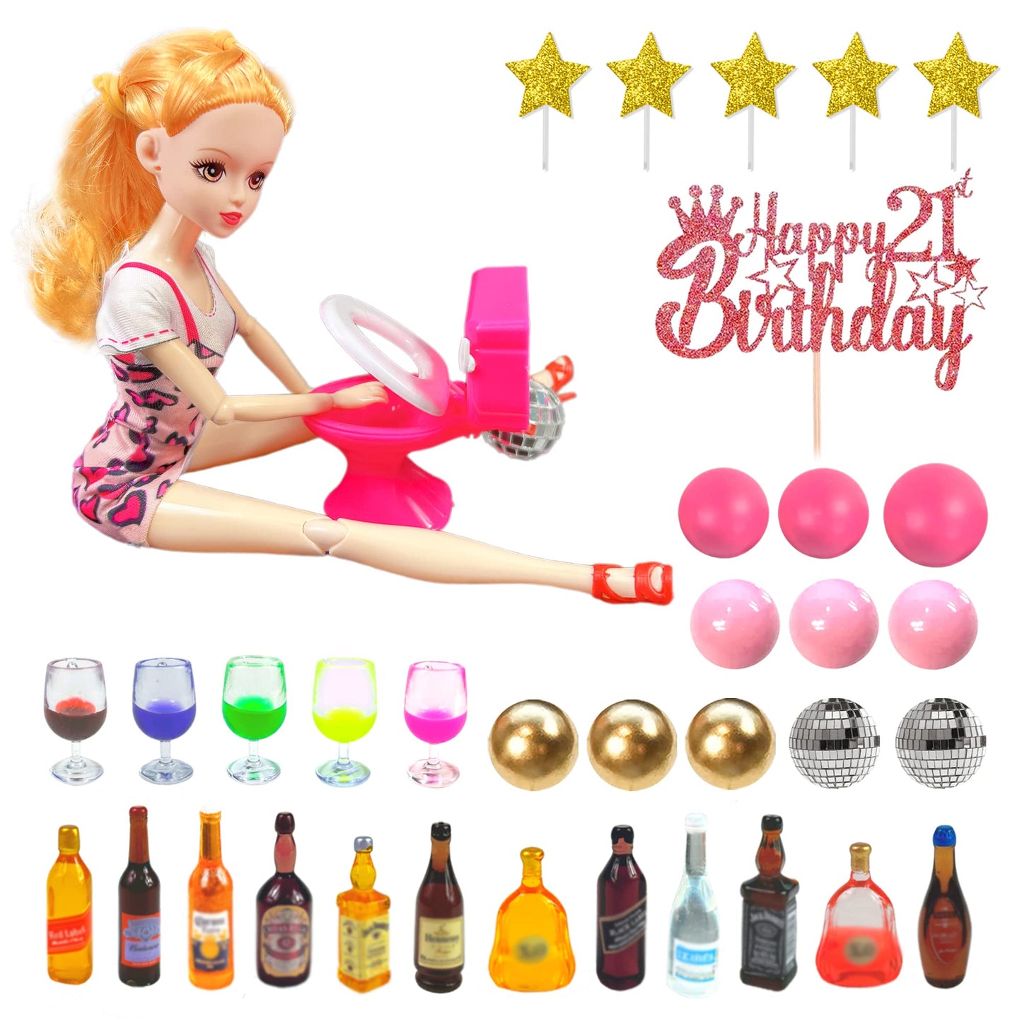 Mini Wine Bottles Cake Toppers with 12 Wine Bottles 5 Wine Glasses 1 Toilet 1 Beauty Doll 1 21st Birthday Cake Topper for Celebrating Birthday (Pink)