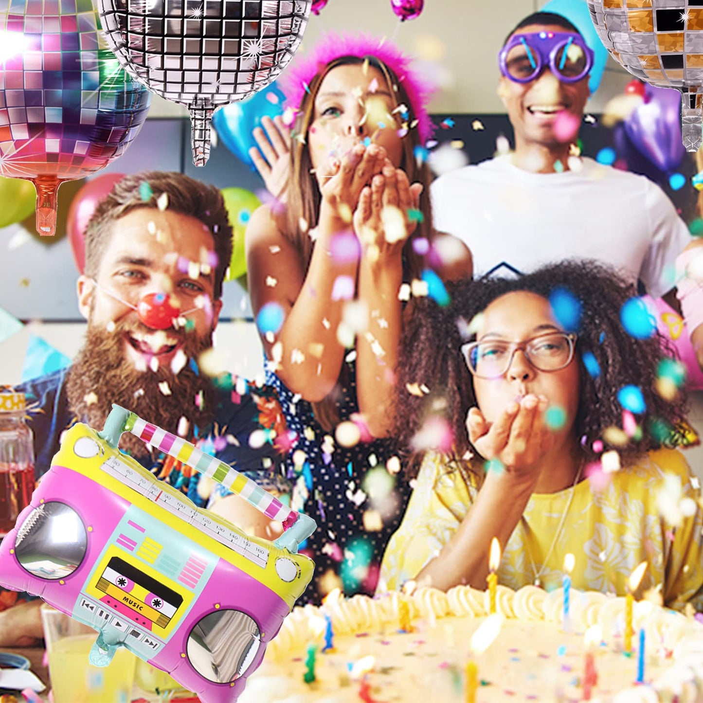 Timisea 10 PCS Rainbow Roller Skate Balloons Boom Box Balloon,22 Inch Round Color Foil Balloons, 4D Laser Disco Foil Balloons 80s 90s Retro Theme Hip
