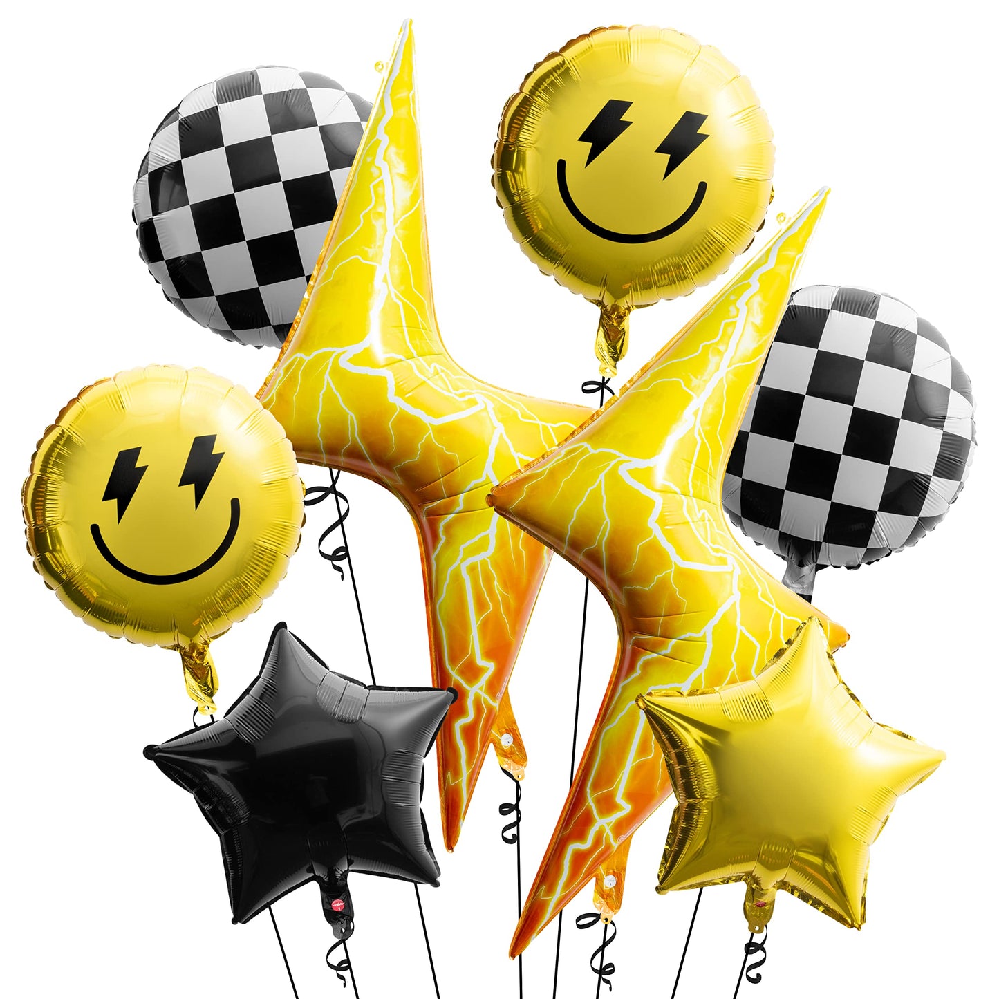 Wood Homing 8PCS 18 Inch Smile Party Checkered Helium Balloons, Yellow Smile Face Preppy Theme Birthday Party Decorations, Yellow Lightning Balloons