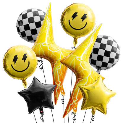 Wood Homing 8PCS 18 Inch Smile Party Checkered Helium Balloons, Yellow Smile Face Preppy Theme Birthday Party Decorations, Yellow Lightning Balloons