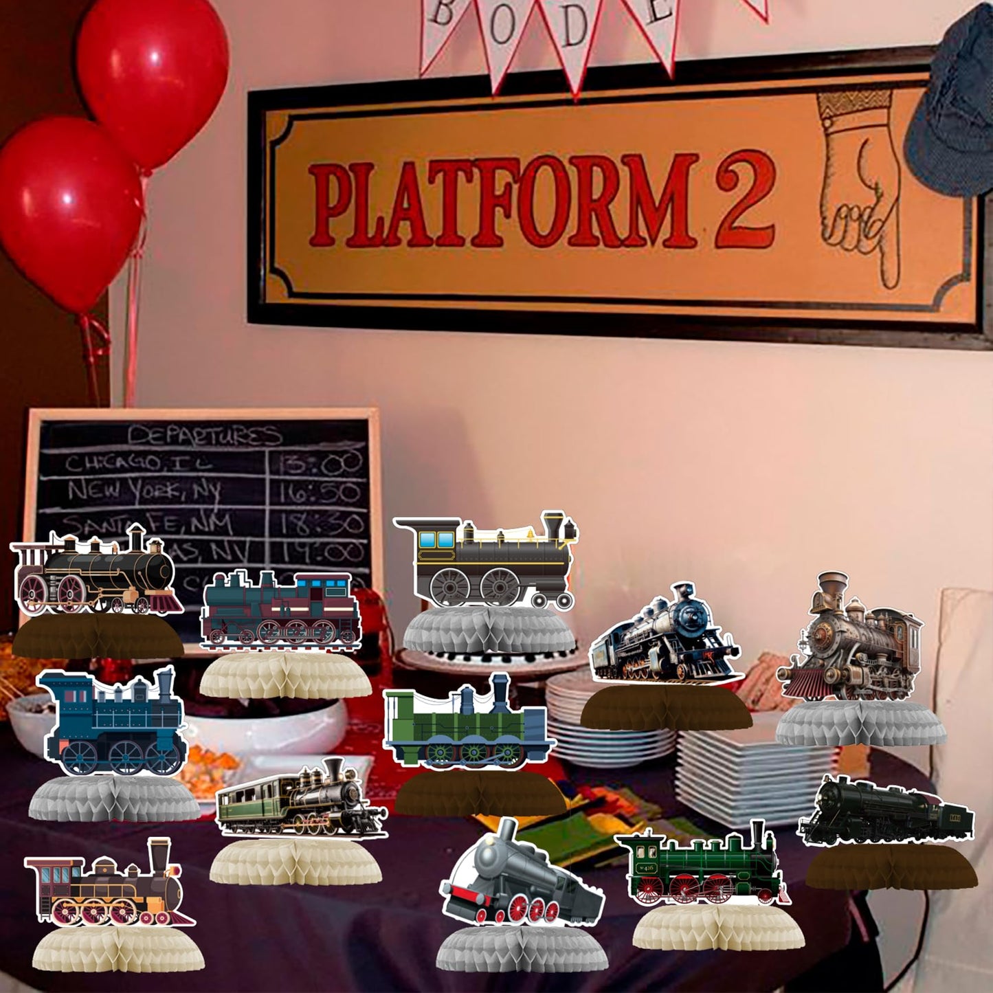 12 PCS Train Honeycomb Centerpieces for Table Decor, Retro Train Table Decorations Table Toppers for Train Party Decorations Train Birthday Party