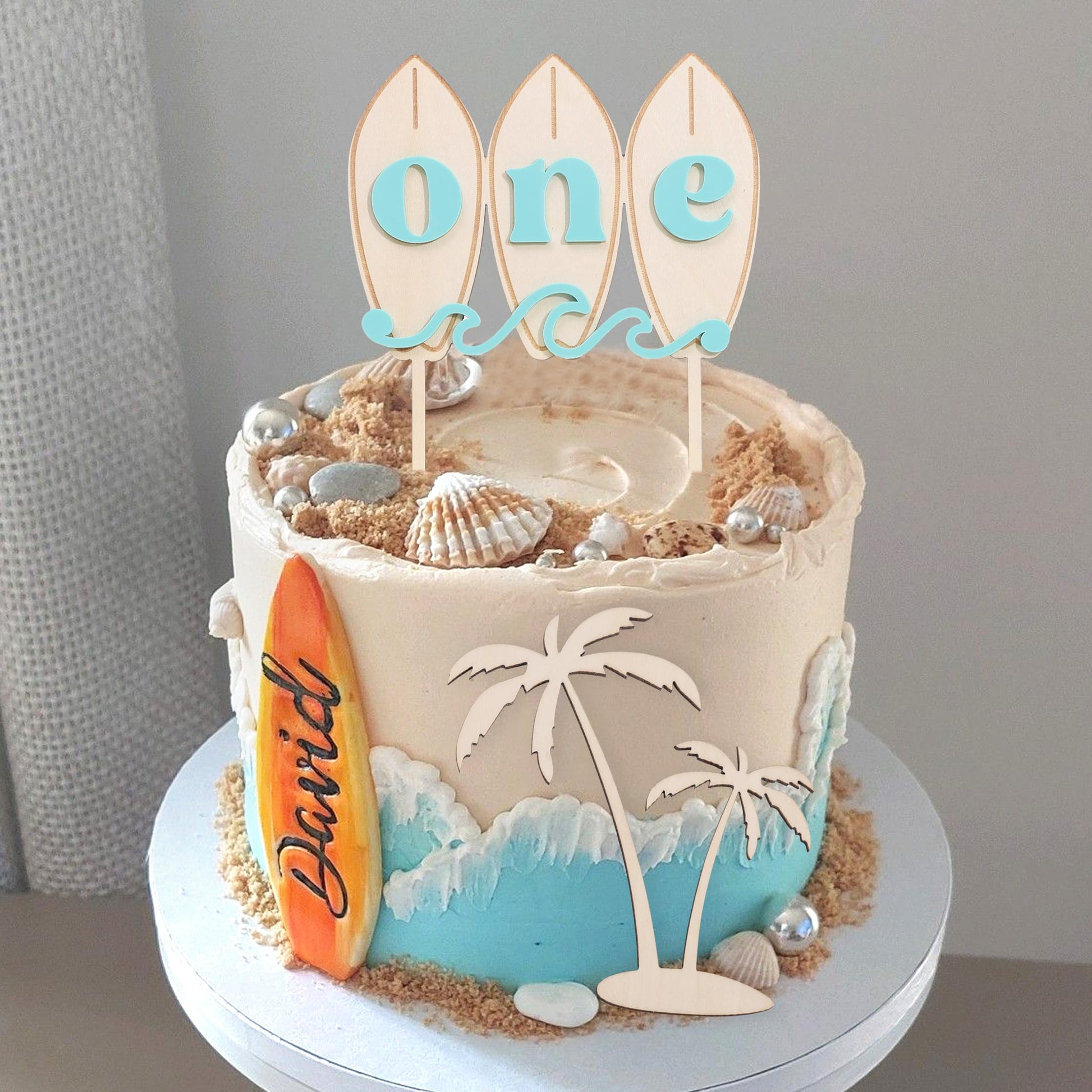 Big One Wave Surf Wood Cake Topper - Surfboard Birthday Cake Decoration, Beach Wave Themed Birthday, Surfboard One Cake Topper, Surfing The Big One