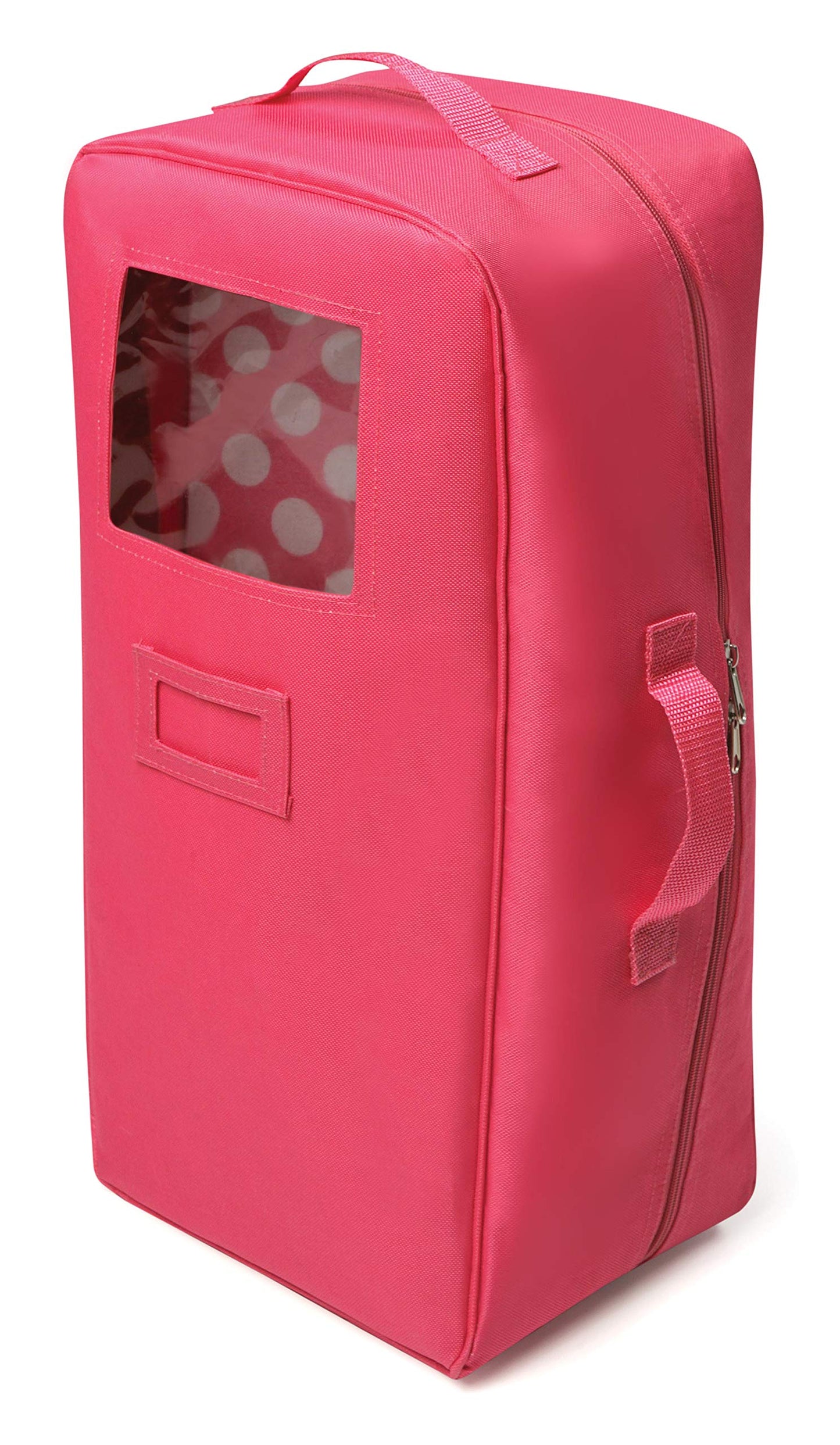 Badger Basket Doll Travel Case with Bed, Blanket, Pillow, Mesh Storage & Peek-a-Boo Window - Fits Girl Dolls - Portable Luggage Carrier with Straps