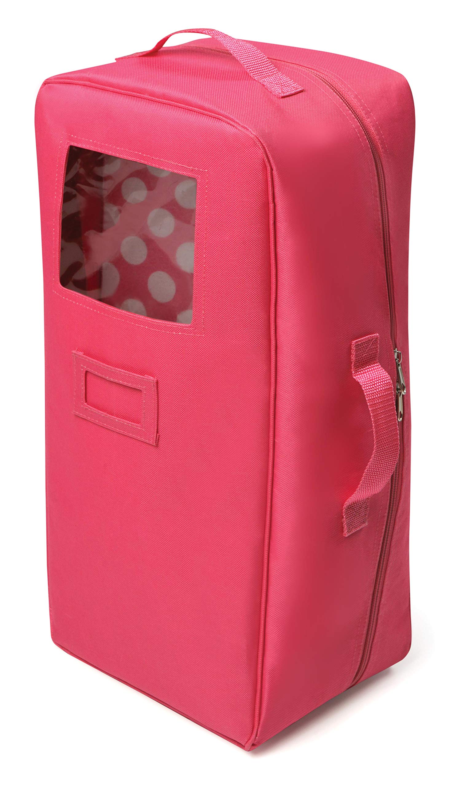 Badger Basket Doll Travel Case with Bed, Blanket, Pillow, Mesh Storage & Peek-a-Boo Window - Fits Girl Dolls - Portable Luggage Carrier with Straps