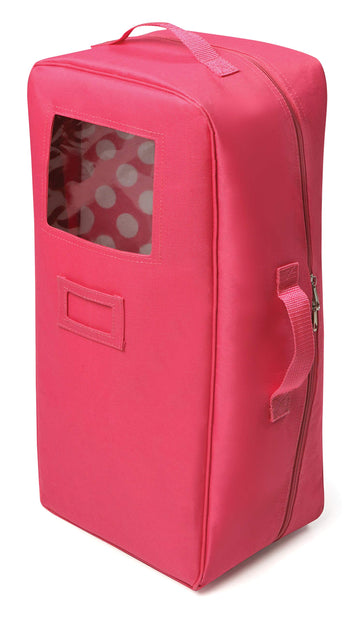 Badger Basket Doll Travel Case with Bed, Blanket, Pillow, Mesh Storage & Peek-a-Boo Window - Fits Girl Dolls - Portable Luggage Carrier with Straps