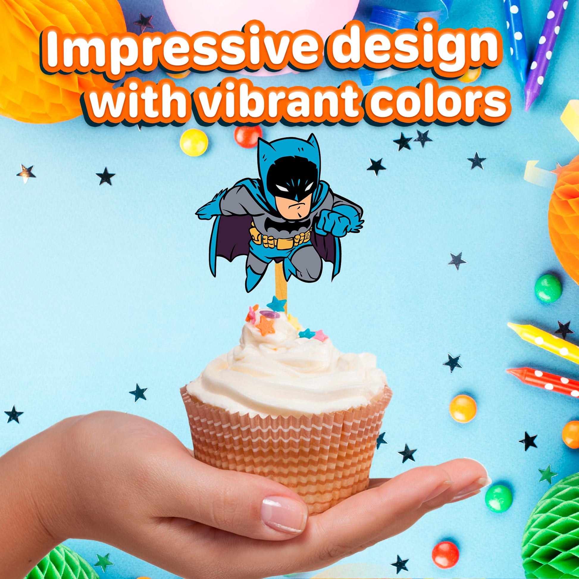 24x Hero Super kids Cupcake Toppers - Strong Picks Happy Birthday Décor, Cupcake Decorations for Kids Birthdays