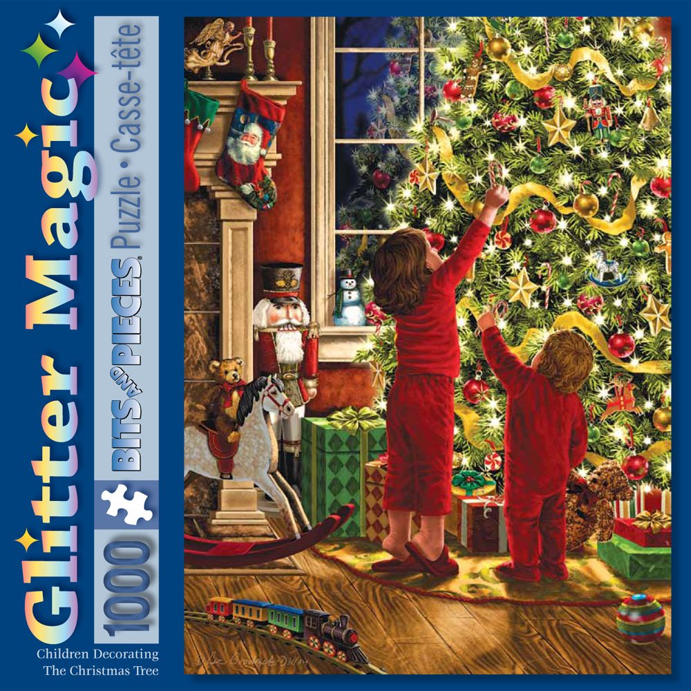 Bits and Pieces - 1000 Piece Embellished Glitter Puzzle - Children Decorating The Christmas Tree by Artist Liz Goodrick Dillon - Family Holiday Fun