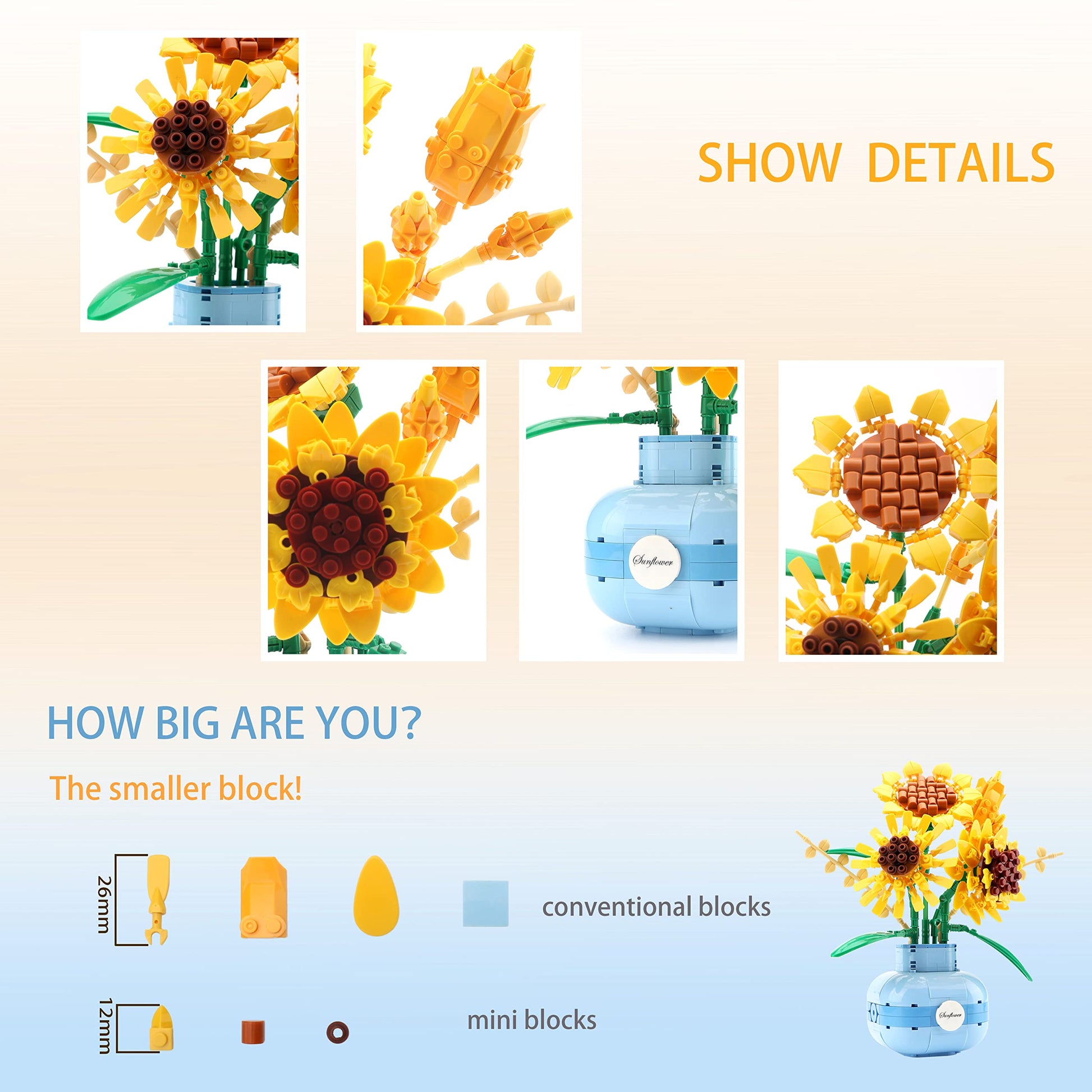 LUKHANG Sunflower Building Block Set with Vase, Artificial Flower Plant Bonsai Collection for Adults, Creative Home & Office Decor, Gift for Mother's