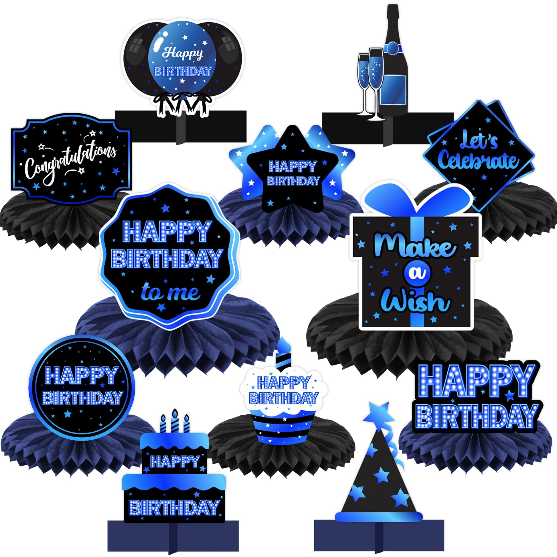 Happy Birthday Blue and Black Table Honeycomb Centerpieces Balloons Theme Decor Table Decorations Table Toppers for Girls Women Princess 16th 21st