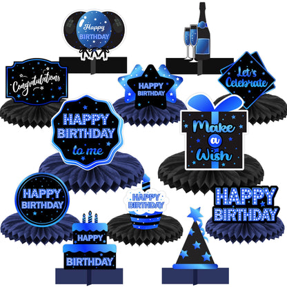 Happy Birthday Blue and Black Table Honeycomb Centerpieces Balloons Theme Decor Table Decorations Table Toppers for Girls Women Princess 16th 21st