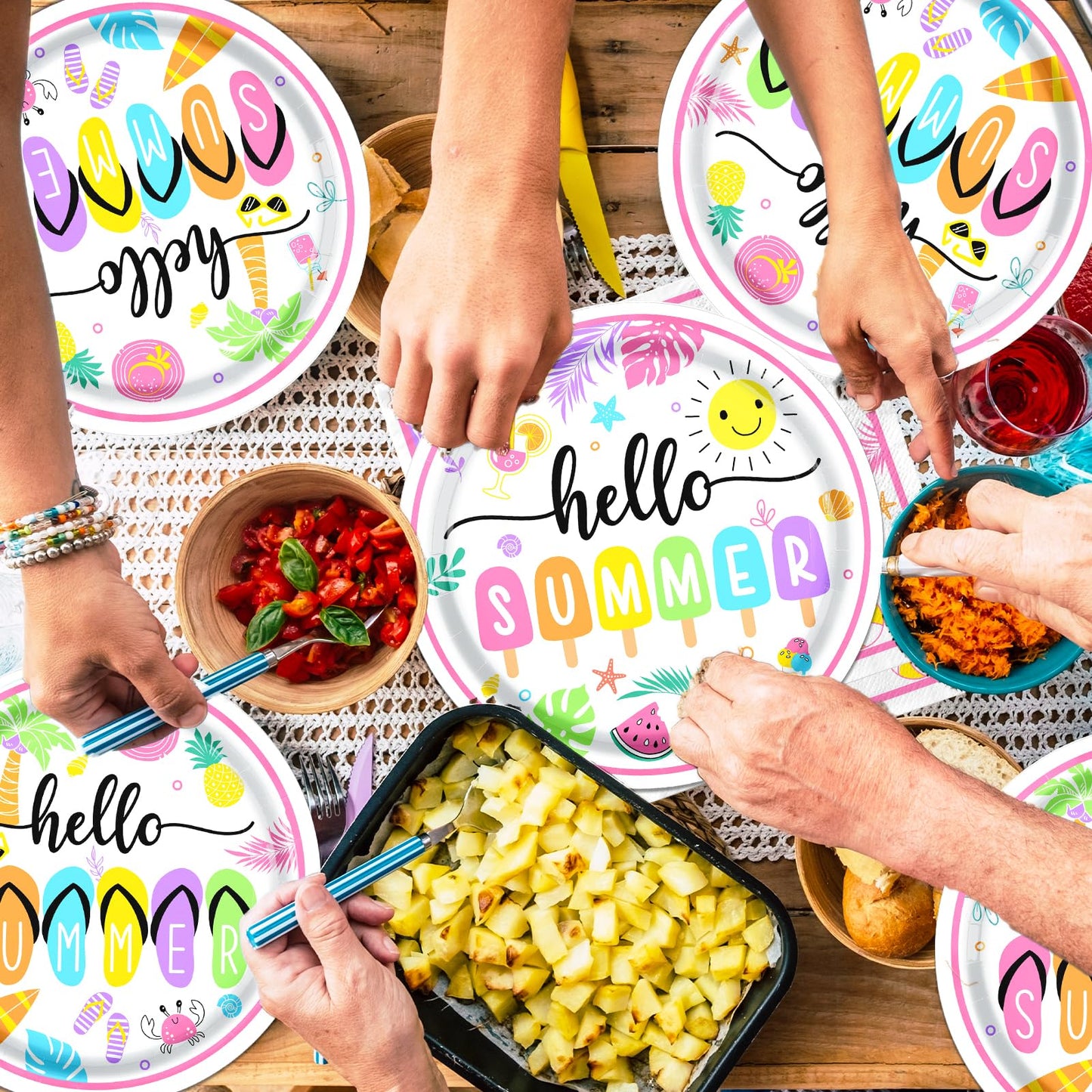 Hello Summer Party Decorations, Beach Party Supplies include Hello Summer Plates and Napkins, Disposable Dinnerware set for Hawaiian, Pool Party