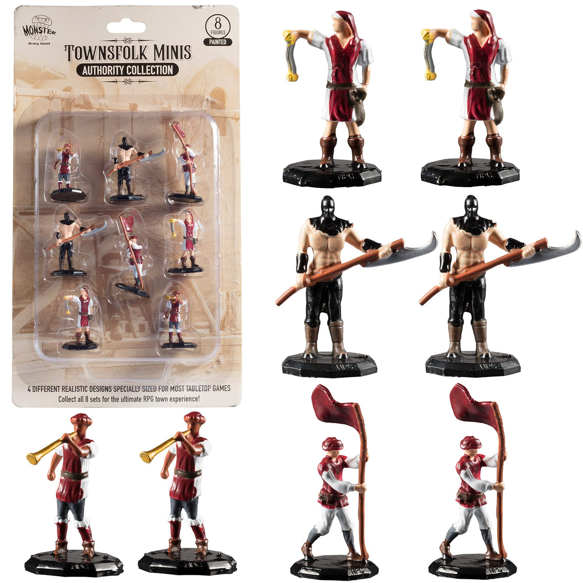 Monster Townsfolk Mini Fantasy Figures - 8pc Hand-Painted Authority Non Player Character NPC Miniatures - 1" Hex-Sized Compatible with DND Dungeons