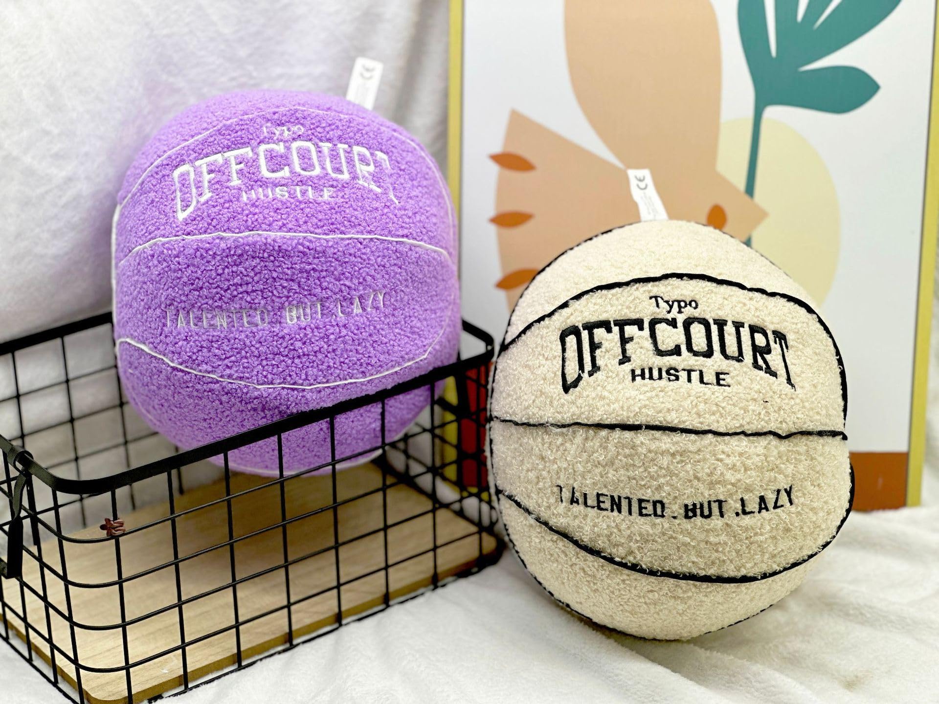 Tezimjia 2023 New Offcourt Basketball Pillow, 11" Basketball Shaped Teddy Fleece Embroidered Throw Pillow Fuzzy Plush Toy Gifts for Kids Boys Girls