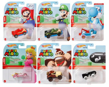 Hot Wheels Super Mario Character Cars Collection - Mario, Luigi, Princess Peach, Light Blue Yoshi, Bullet Bill & Donkey Kong, Die?Cast 1:64 Scale