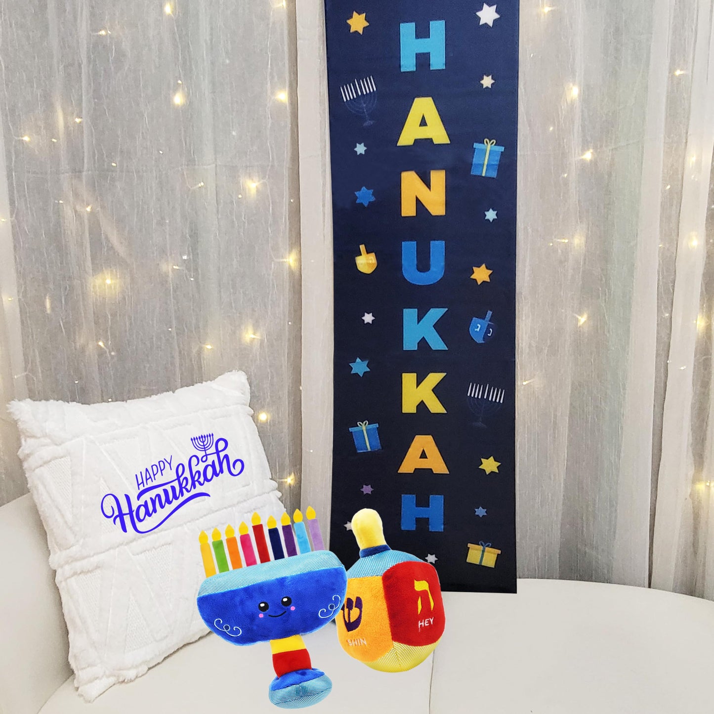 Plush Hanukkah Menorah & Plush Dreidel Toy Musical Menorah Plays 2 Classic Hanukkah Melodies Includes Removable Chanukah Candles & Candle Bag