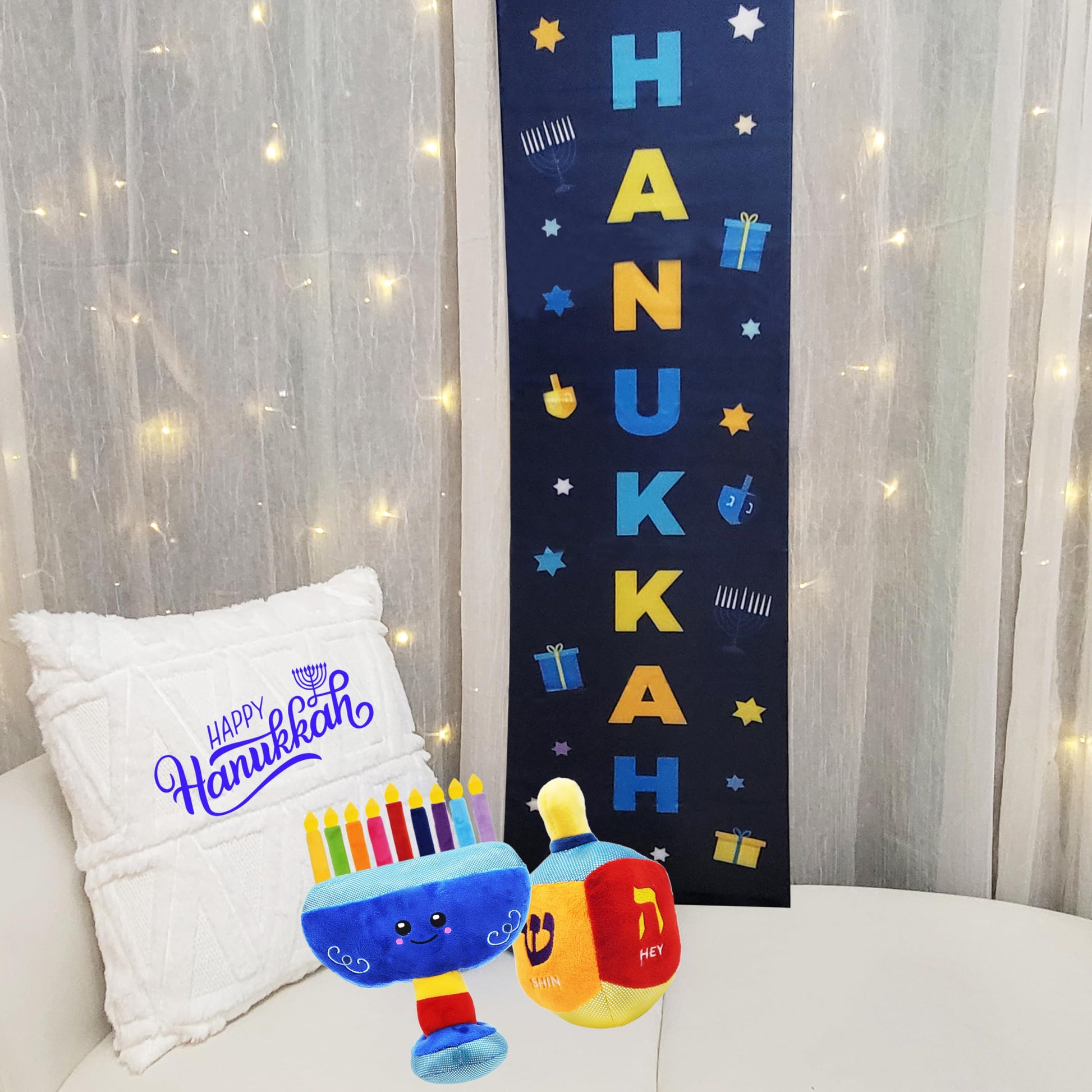 Plush Hanukkah Menorah & Plush Dreidel Toy Musical Menorah Plays 2 Classic Hanukkah Melodies Includes Removable Chanukah Candles & Candle Bag