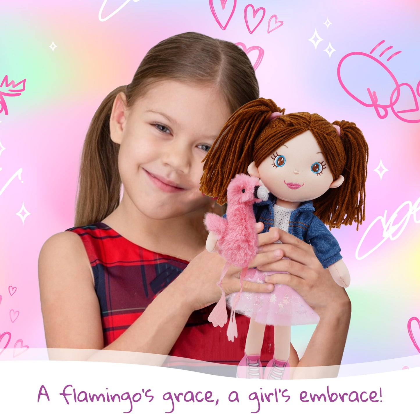 June Garden 15" Playmate Buddies - Plush Doll Mia with Her Stuffed Animal Companion Flamingo Rosie for Kids 1 Year and Up