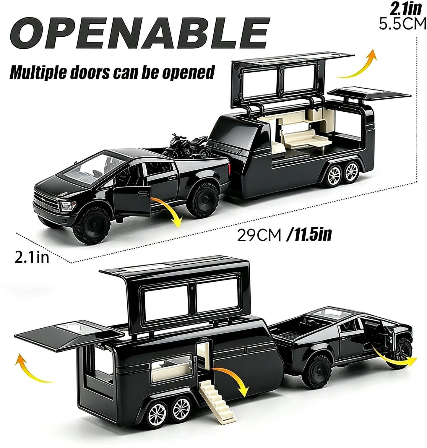 RCOOS Alloy Toy Truck Set with Trailer and ATV Toy Race Car with Sound Light Effect RV Set Pull Back Car for Kid Ideal Gift Age 3+ Metal Vehicle