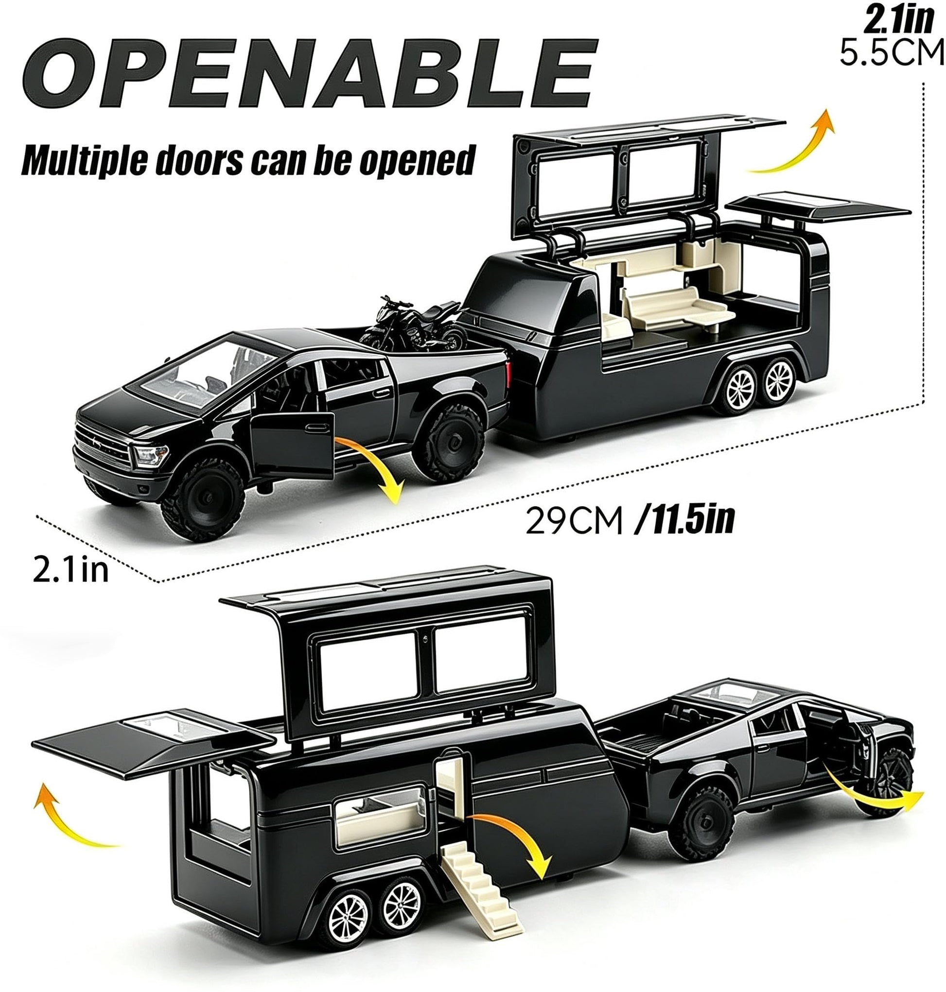 RCOOS Alloy Toy Truck Set with Trailer and ATV Toy Race Car with Sound Light Effect RV Set Pull Back Car for Kid Ideal Gift Age 3+ Metal Vehicle