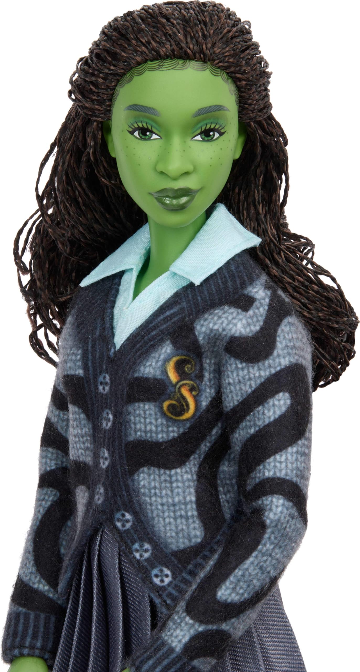 Mattel Universal Wicked Elphaba Fashion Doll & Accessories with Green Skin, Braided Black Hair, Posability & Removable School Uniform