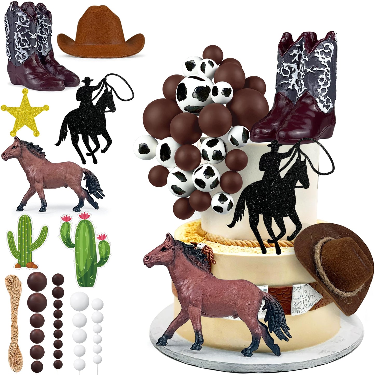 34 PCS Cowboy Cake Toppers Cowboy Hat and Boot Horse Cake decorations Western Cowboy Cowgirl Birthday Baby Shower for Western Theme Party Favors