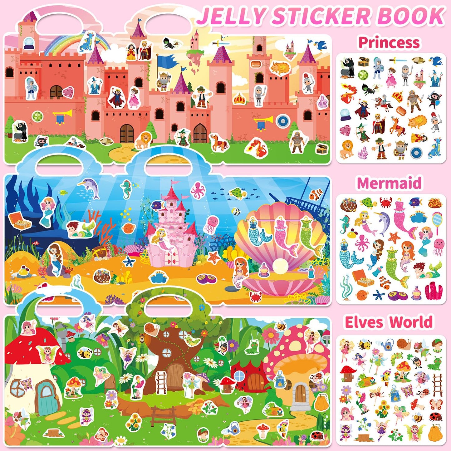CREATIVETREES 6 Sets Reusable Sticker Book for Girls 3-6, Jelly Sticker Books for Toddler, Travel Sticker Activity Toys for Kids 3 4 5 6 Years Old