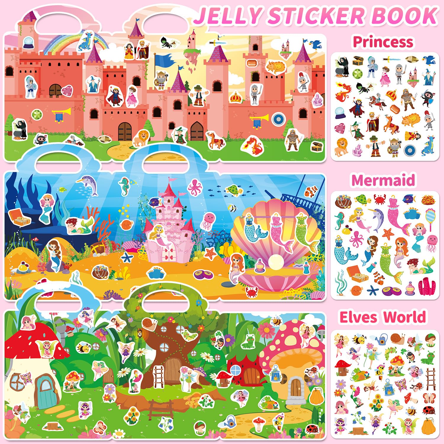 CREATIVETREES 6 Sets Reusable Sticker Book for Girls 3-6, Jelly Sticker Books for Toddler, Travel Sticker Activity Toys for Kids 3 4 5 6 Years Old