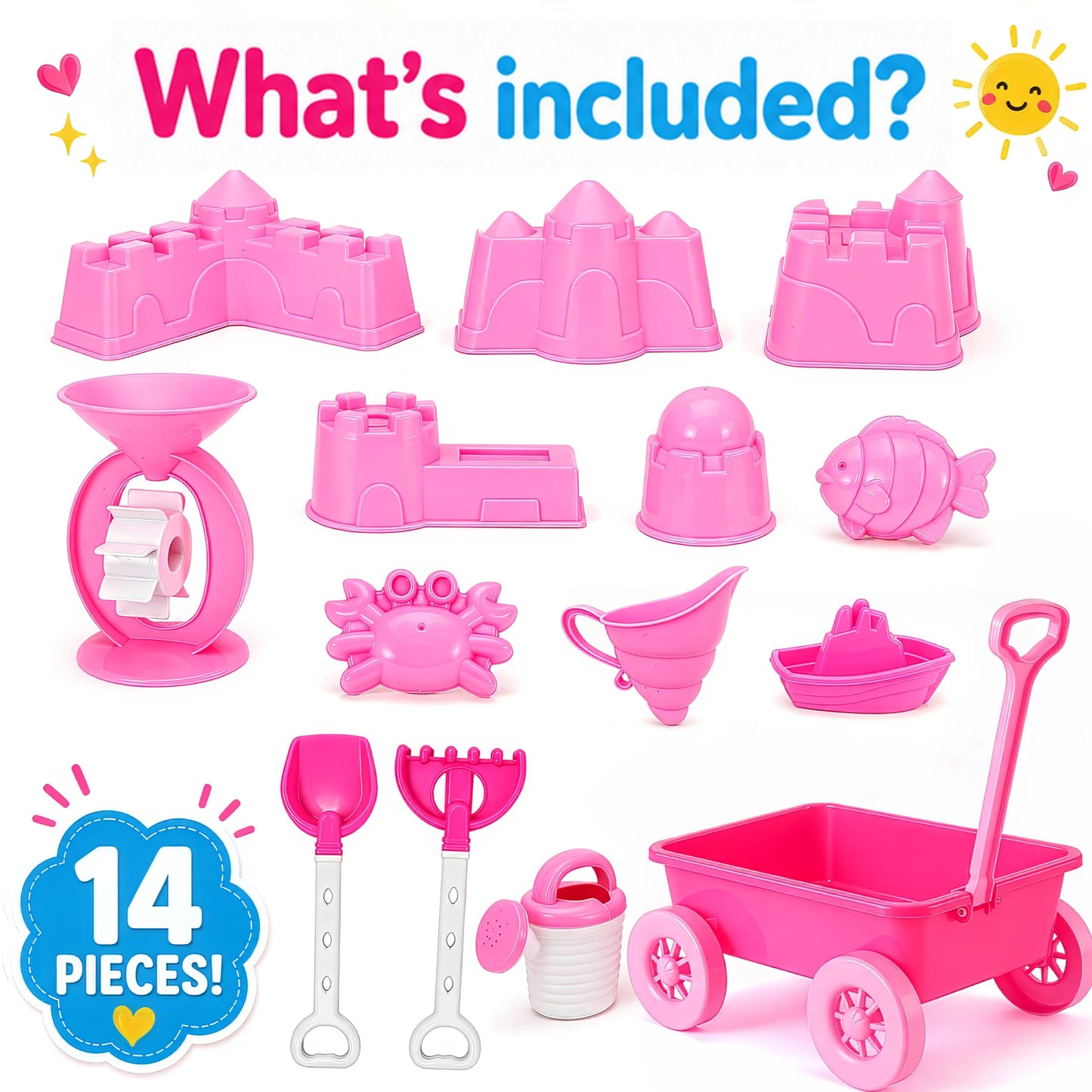 Liberty Imports 14 PCS Pink Princess Beach Wagon Plastic Toy Playset for Kids with Castle Molds, Sand Wheel, Water Pail, Play Tools and Featured Molds