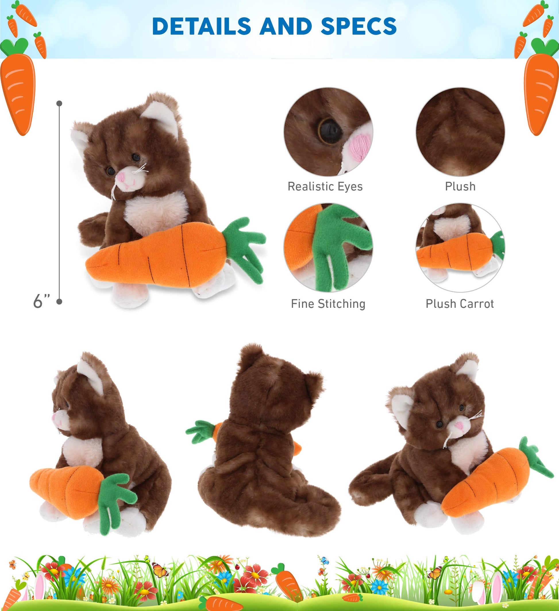 DolliBu Happy Easter Super Soft Plush Brown Cat with Carrot - Cute Stuffed Animals with Carrot Plush Toy, Perfect Easter Holiday Surprise Gift - 7"