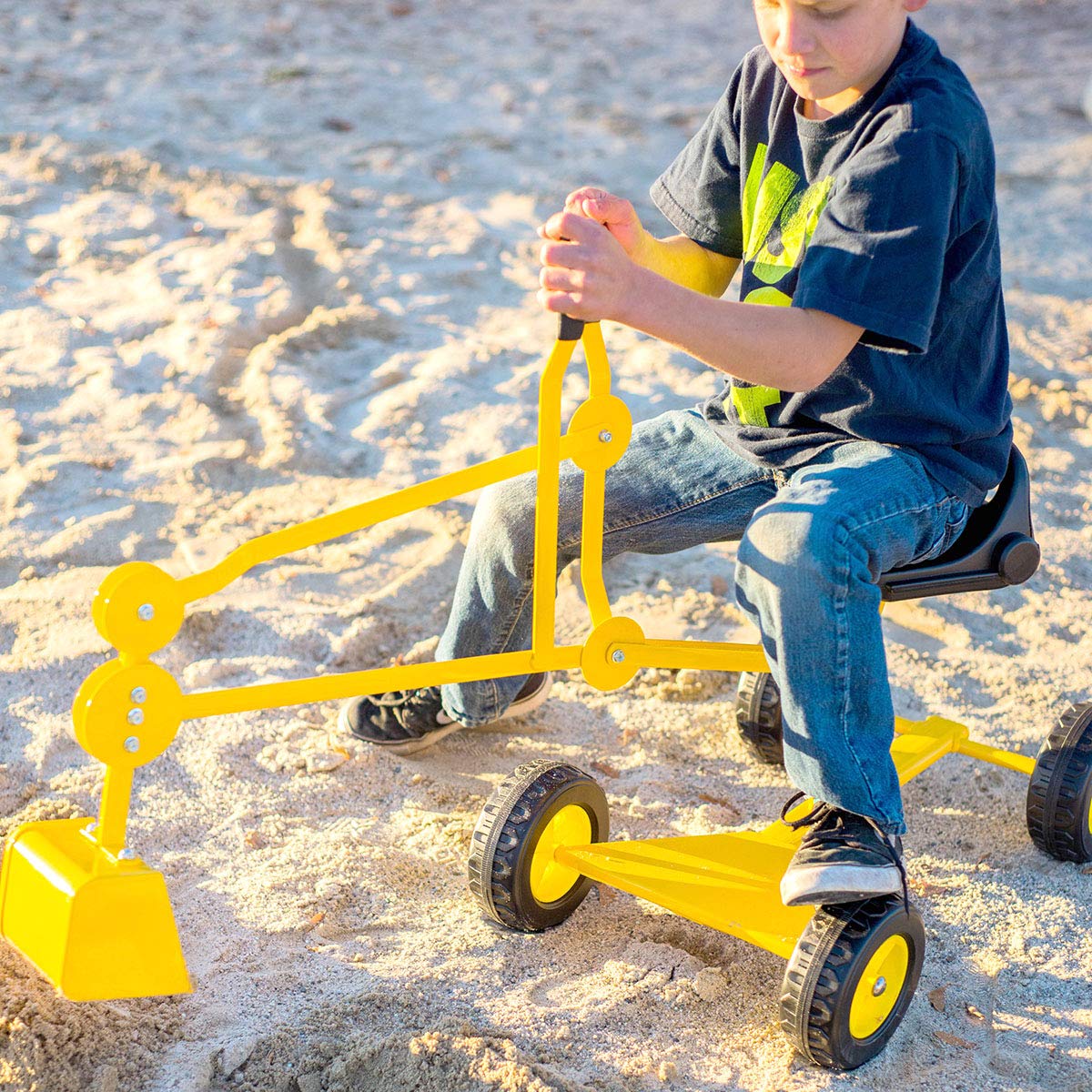 Sandbox Digger Toy Excavator with Wheels- Foldable Playground Equipment for Outdoor Play w/No-Bend, No-Pinch Heavy Duty Metal Ride On Sand