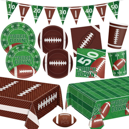 99 Pcs Football Party Supplies Sets, Includes Touchdown Dinner Plates, Dessert Plates, Napkins, Rugby Tablecloths, Cups and Banner for Football