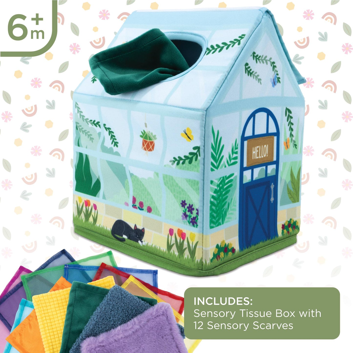 MindWare Sensory Sprouts Tissue Scarf - Montessori Toys for Babies 6-12 Months - Soft Greenhouse-Shaped Tissue Box and 12 Sensory Scarves Featuring