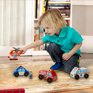 Melissa & Doug Emergency Vehicle Wooden Play Set with 4 Vehicles, 4 Play Figures
