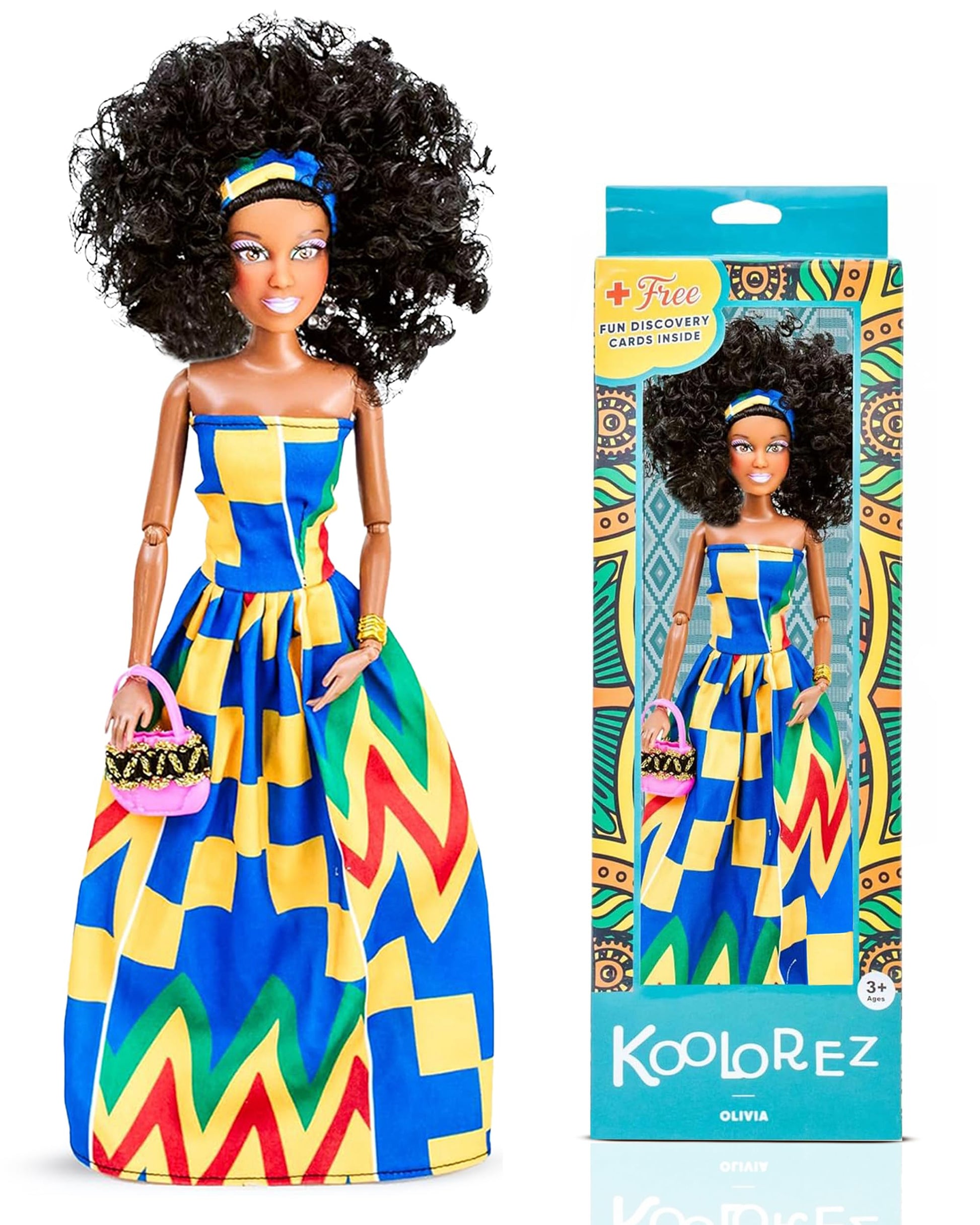 KOOLOREZ: Olivia - Our Queens Black Doll Set - Brown/Black Afro Doll