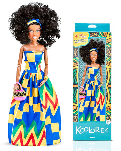KOOLOREZ: Olivia - Our Queens Black Doll Set - Brown/Black Afro Doll