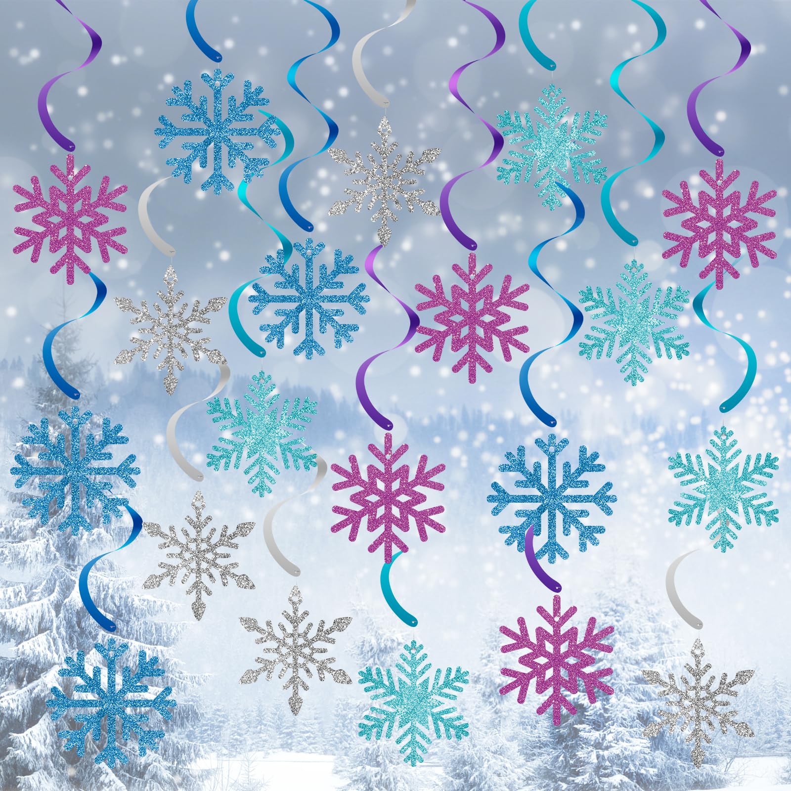 20 Pack Frozen Snowflake Hanging Decorations - Winter Snowflakes Hanging Swirls Ceiling Streamers, Glittery Snowflakes Ornament for Wonderland Frozen