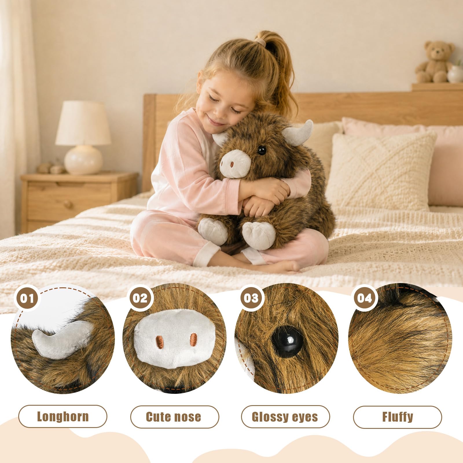 FSUGT Highland Cow Stuffed Animals Toy?Highland Cow Plush for Soft Comfort Fluffy?Farm Animal Cattle Plush Decor Gifts for Kid Boy Girl& Adult (Brown