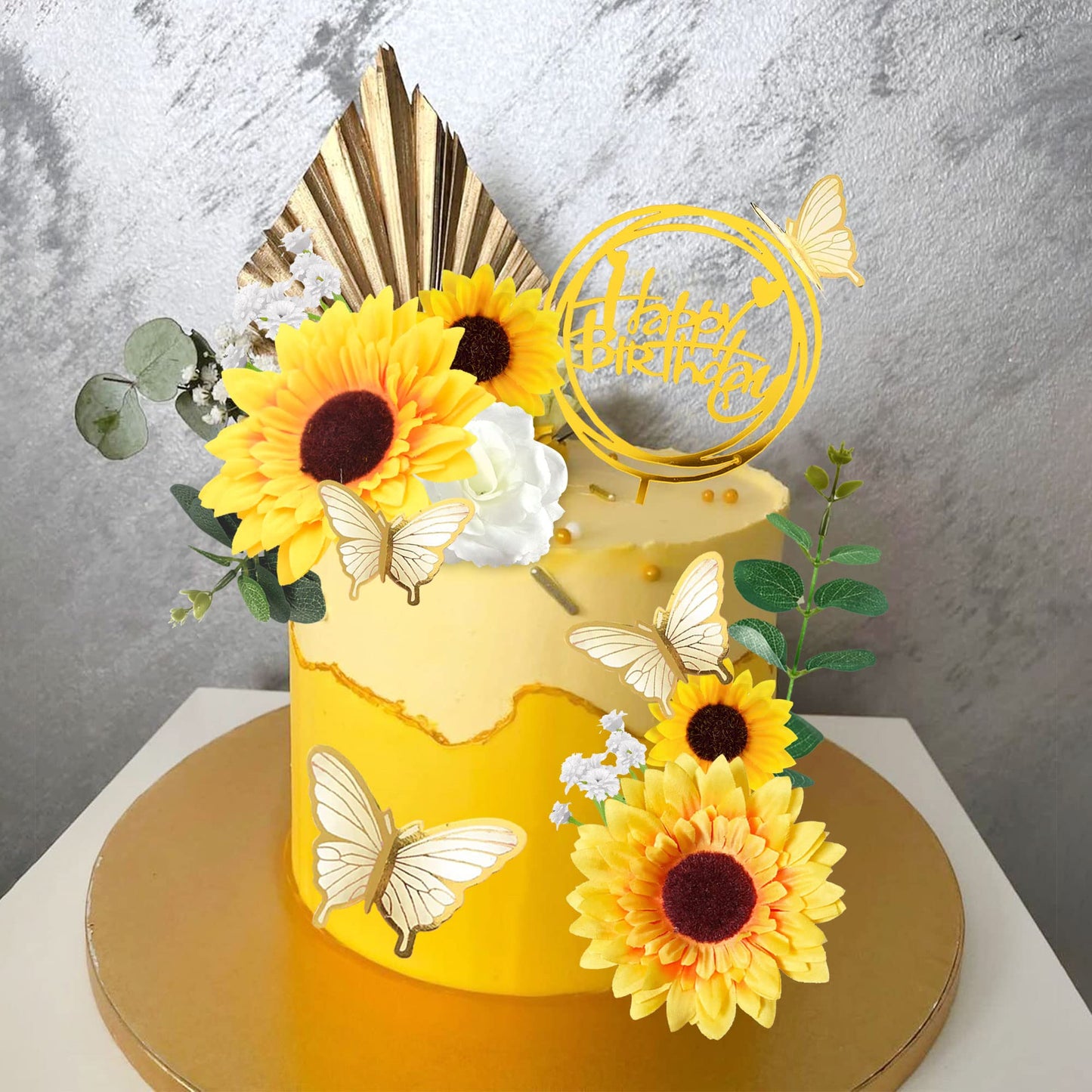 DRWATE Sunflower Cake Topper, 28 Pcs Multicolor Acrylic, Silk - Baby Shower, Wedding Decorations, Butterfly, Eucalyptus, Rose, Happy Birthday Topper