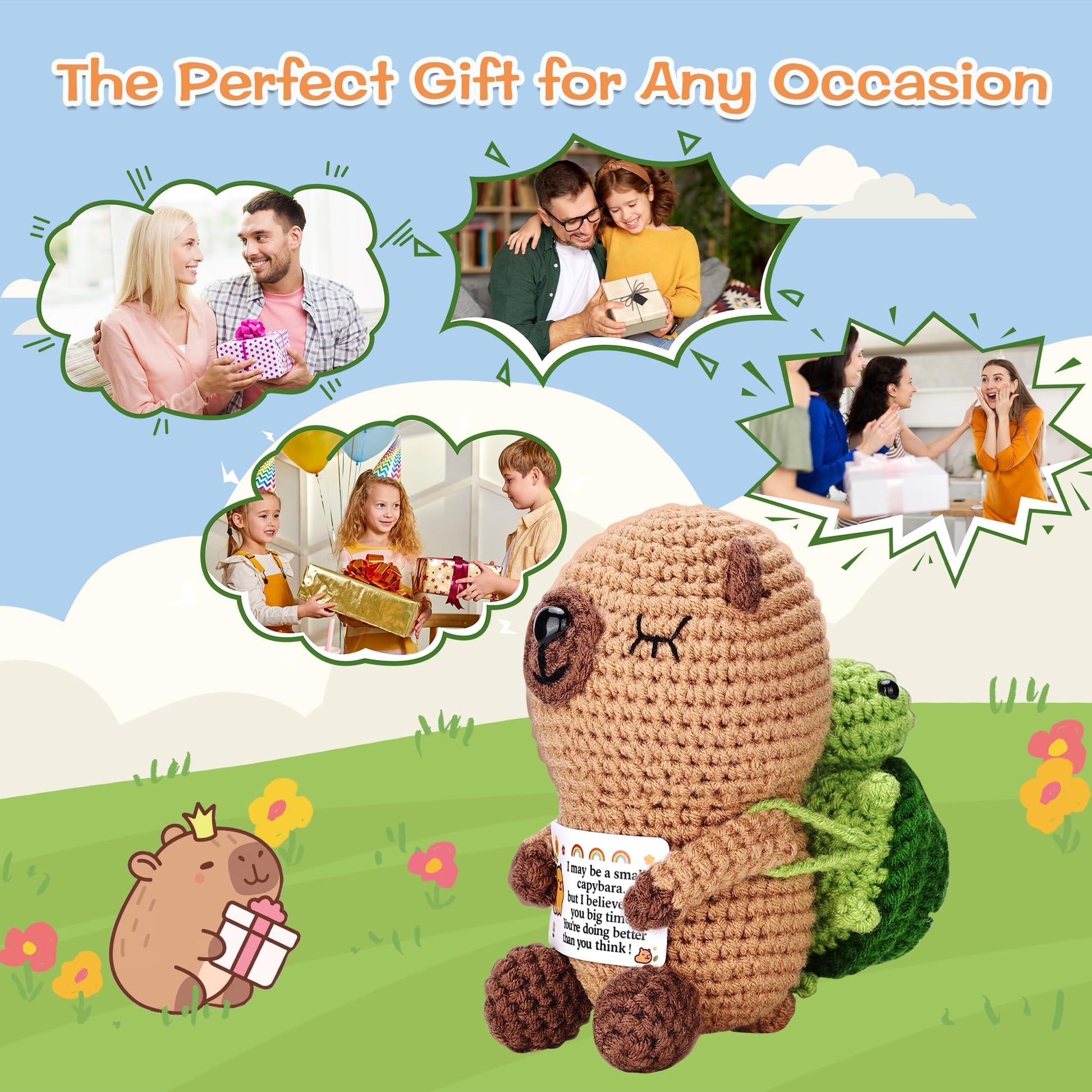 Fungi Fun Crochet Capybara Plush with Turtle - Emotional Plush with Motivational Card, Cute Capybara Crochet Doll Decor, Fun Gift for Women