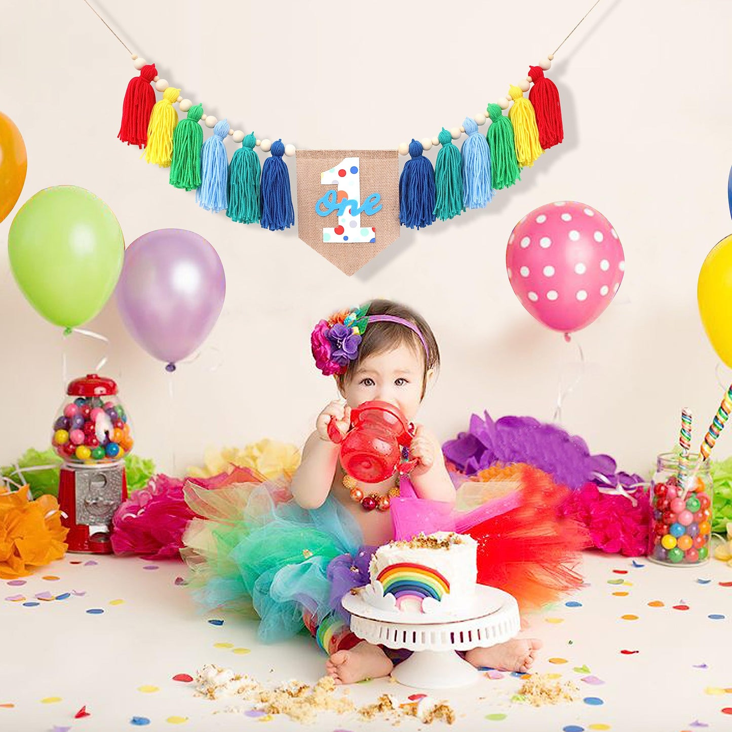 Rainbow 1st High Chair Banner - Colorful Tassel Highchair Banner, 1st Birthday Boy, Cake Smash Backdrop, Birthday Highchair Yarn Tassel Banner