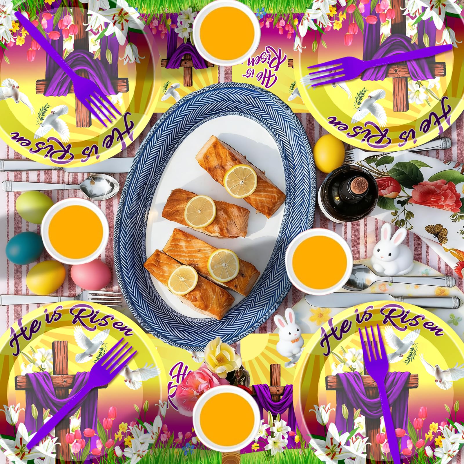 He is Risen Party Plates Supplies Tableware with Easter Jesus Paper Plates Napkins Cups Forks for Religion Christ Easter Party Decorations, Serves 24