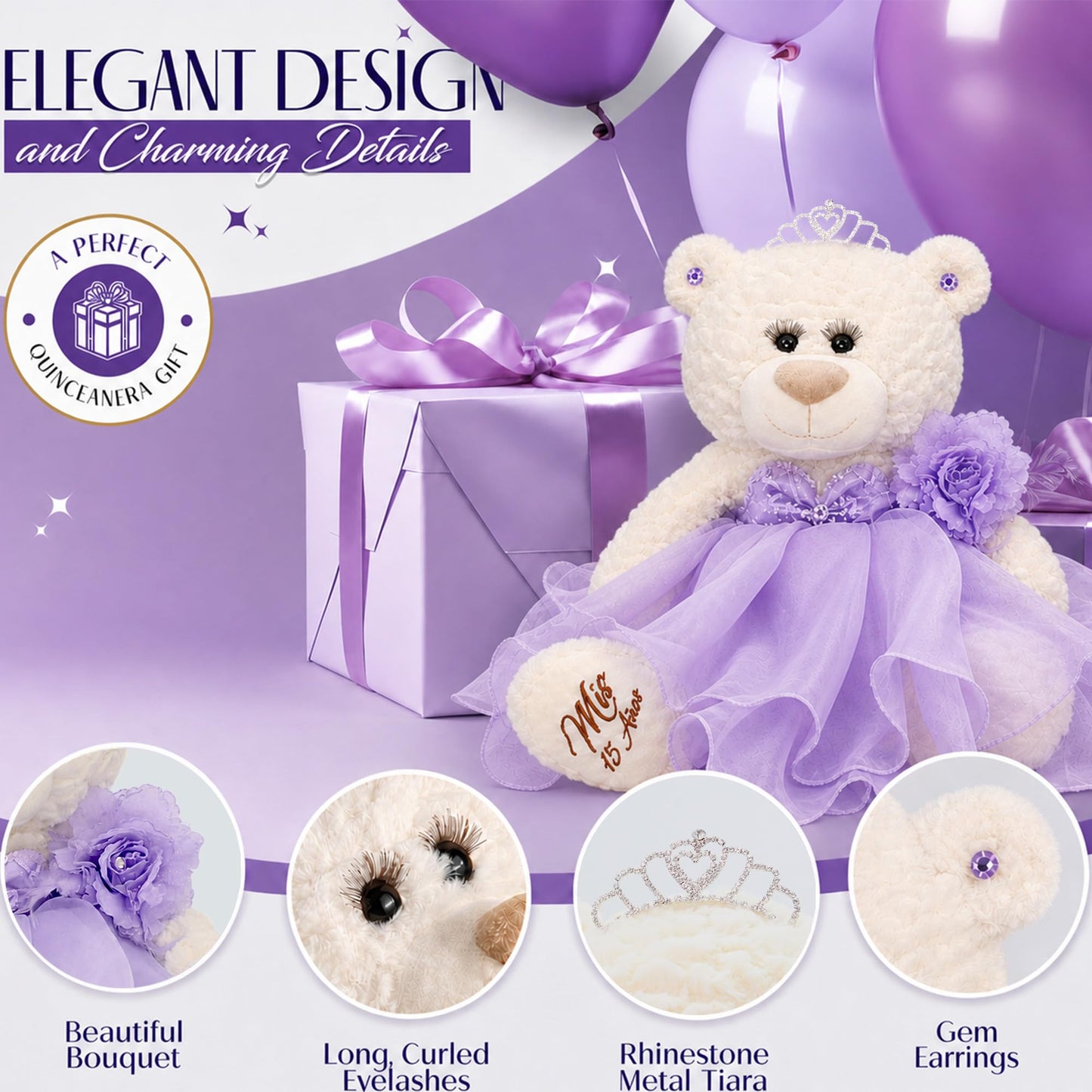 Kinnex Collections by Amanda 20" Quince Anos Quinceanera Last Doll Teddy Bear with Dress (Centerpiece) B16831-6 (Gold)