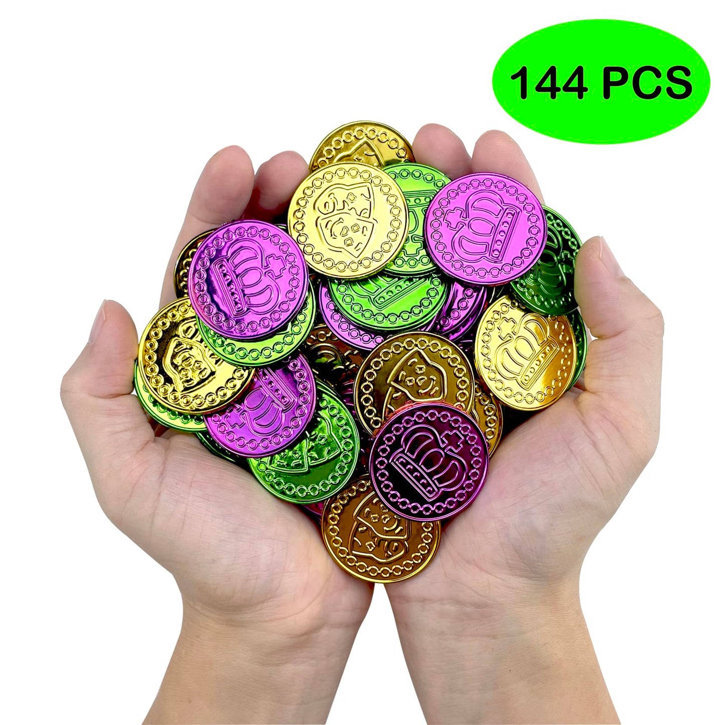 Mardi Gras Coins 144 PCS Assorted Green Purple Gold Mardi Gras Plastic Coins Set for Mardi Gras Theme Props Parade Table Decoration & Party Favors