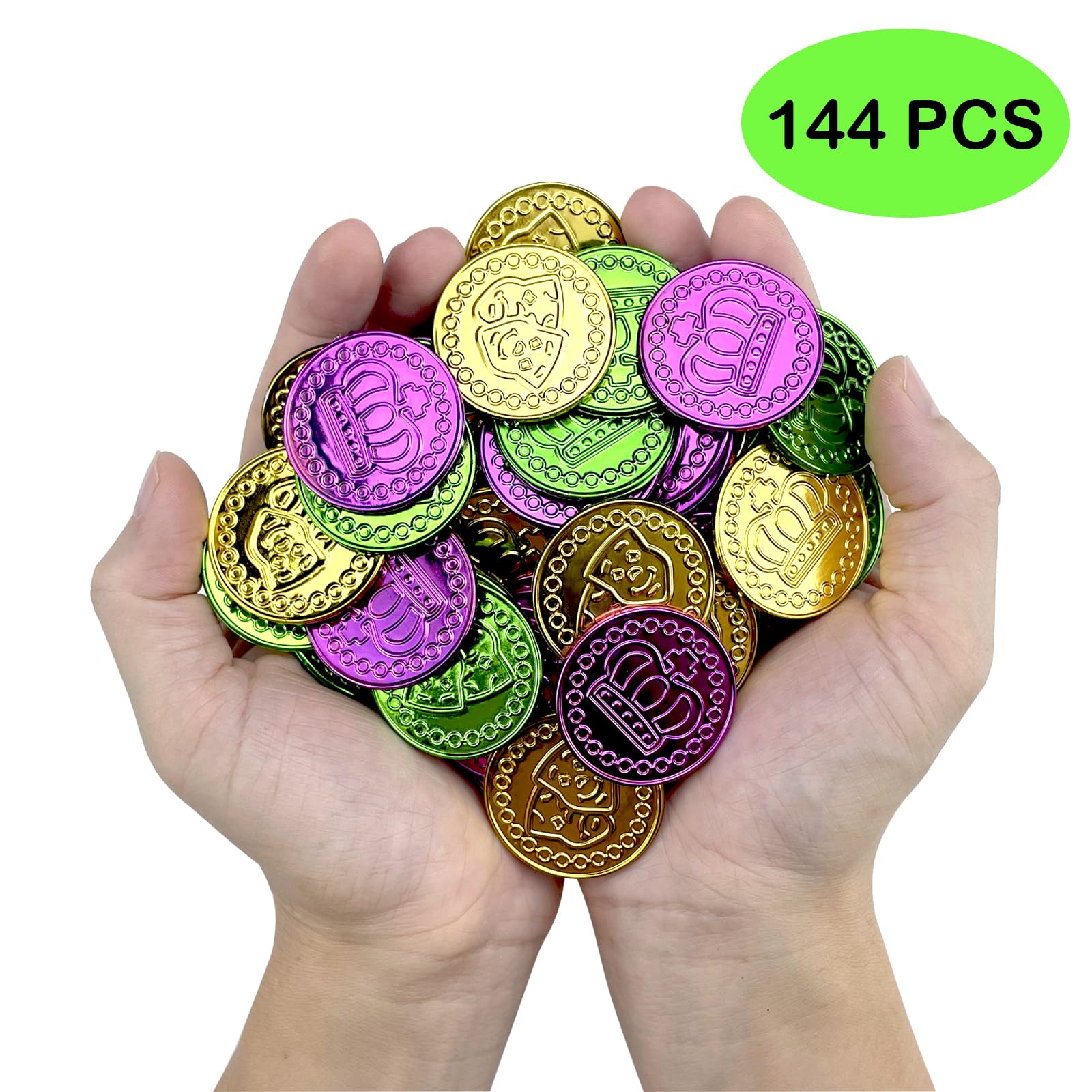 Mardi Gras Coins 144 PCS Assorted Green Purple Gold Mardi Gras Plastic Coins Set for Mardi Gras Theme Props Parade Table Decoration & Party Favors