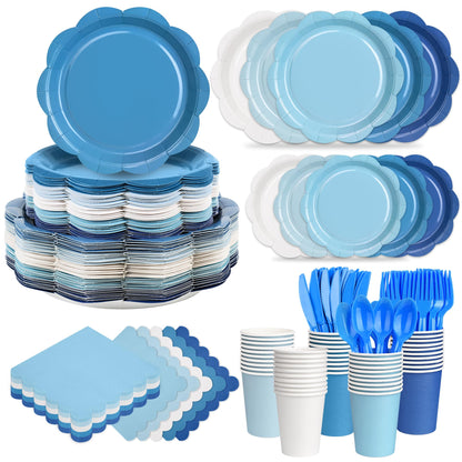 ZUQMZUQ 350 Pcs Blue Party Supplies Set - Blue Paper Plates and Napkins Set Include Gradient Blue Scalloped Paper Plate Napkin Cup Spoon Fork Knife