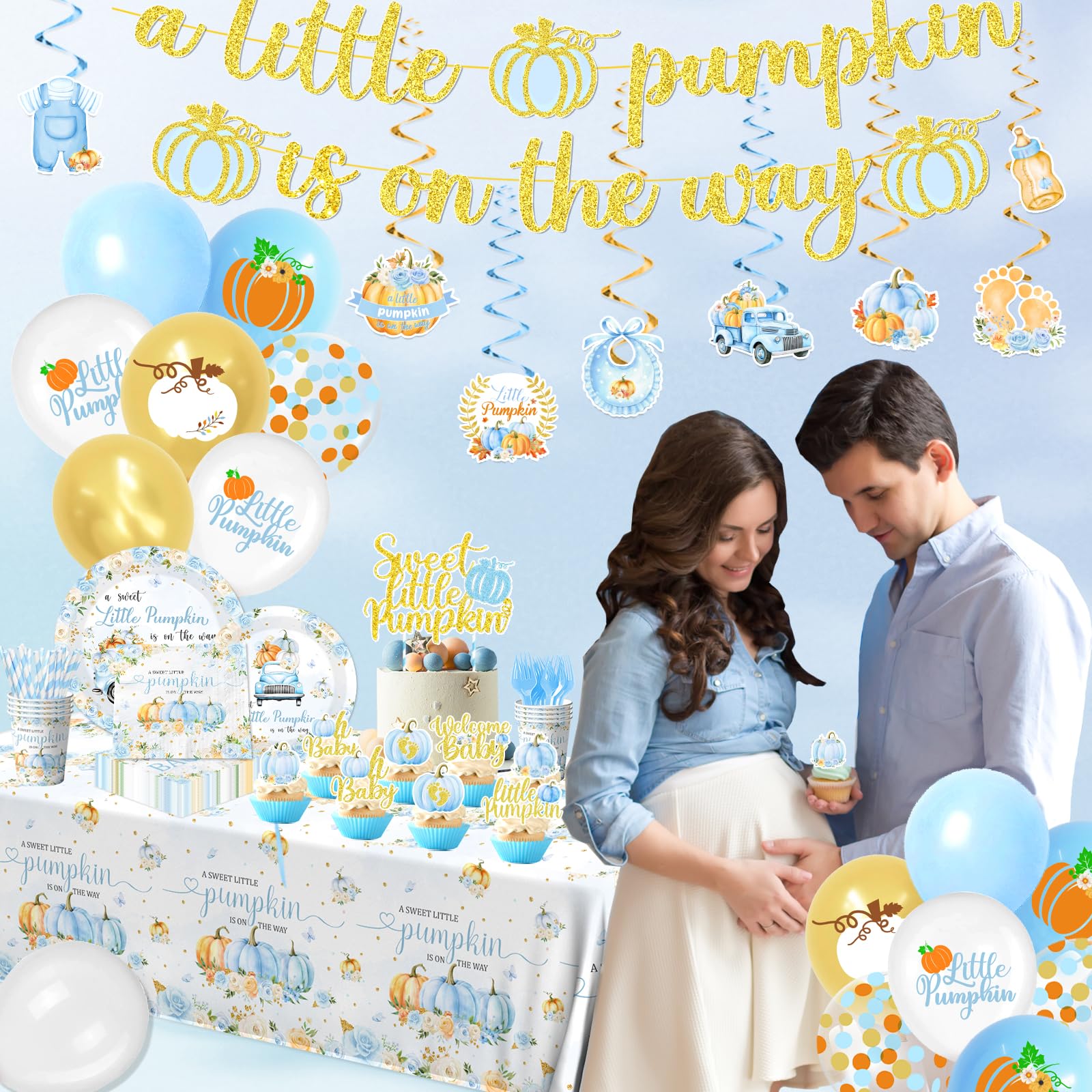 Little Pumpkin Baby Shower,198pcs A Little Pumpkin Is On The Way Baby Shower Boy Plates and Napkins Cups Tablecloth Cake Topper Honeycomb Balloon