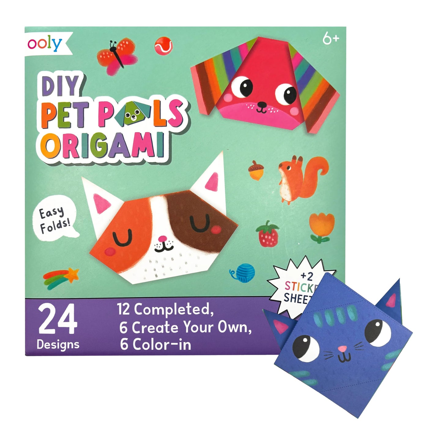 Ooly DIY Paper Kit, 24 Animal Origami Designs & Stickers, Kit Includes 12 Completed, 6 Blank and 6 Color-in Folding Pet Origami Designs